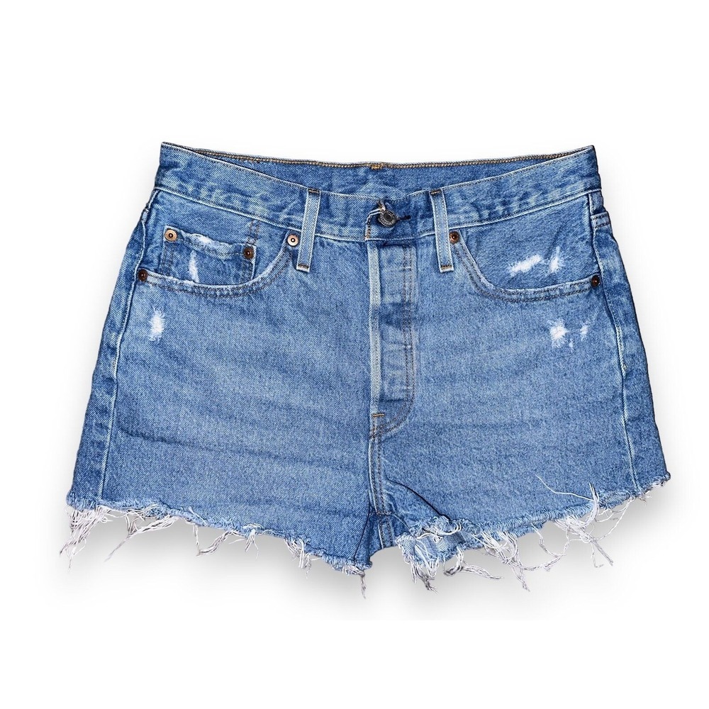 High-Rise Frayed Hem Denim Shorts - Light Blue - Picture 3 of 7